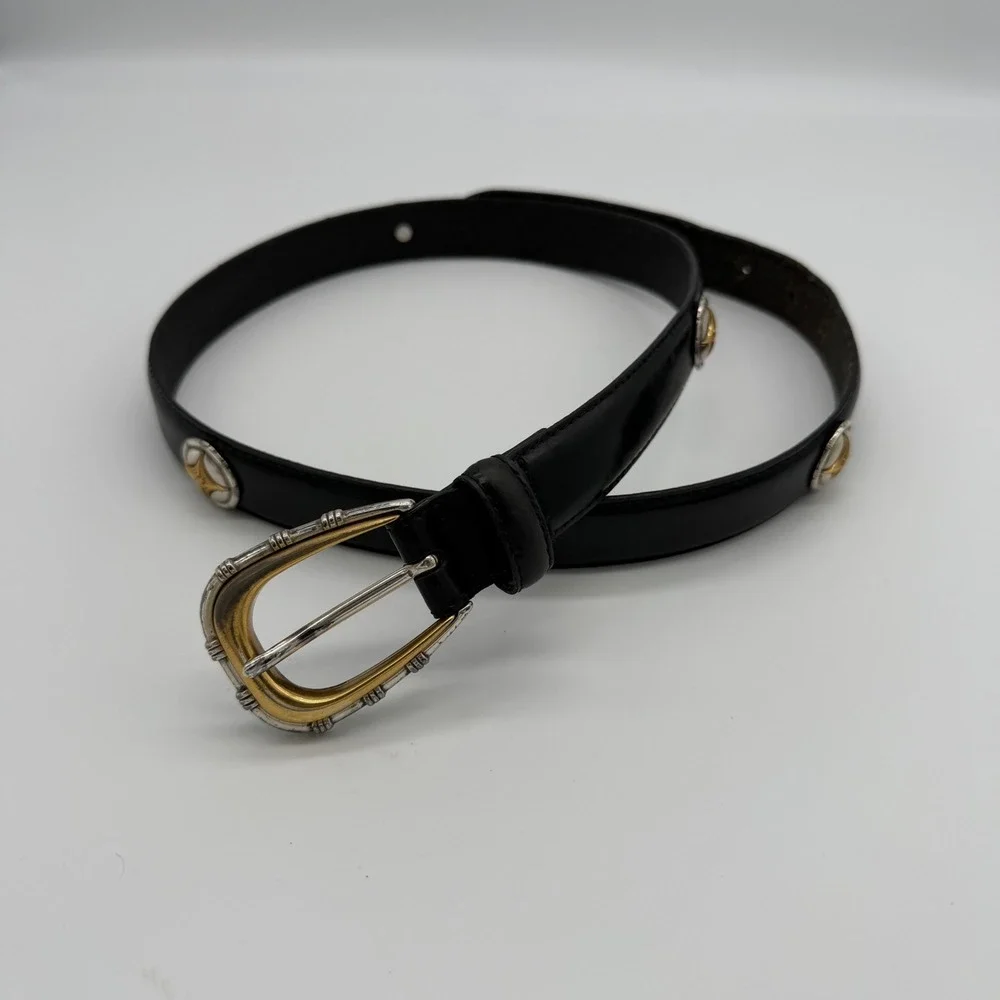 Fossil Womens Black Leather Belt Mixed Metal Buckle Concho Studs Western Boho M